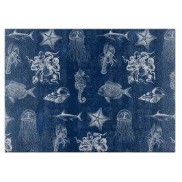 Meerestiere mit blauer Wasserfarbe Schneidebrett