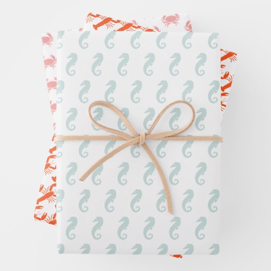 Meerestiere Muster Hummerkrabbe Seepferd niedlich Geschenkpapier Set (Beispiel)