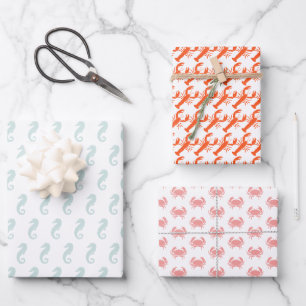 Meerestiere Muster Hummerkrabbe Seepferd niedlich Geschenkpapier Set