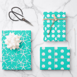Meerestiere Sanddollars Seesterne Muscheln Türkis Geschenkpapier Set