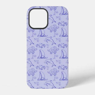 Meerestiere und Segelboot in einem Linienzeichnung iPhone 12 Hülle