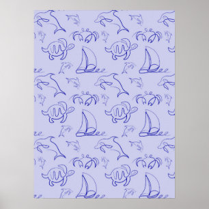 Meerestiere und Segelboote mit einer einzigen zeic Poster