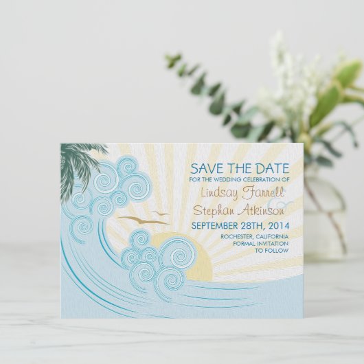 Meereswellen Strandhochzeit speichern Sie die Datt Save The Date (Stehend Vorderseite)