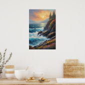 Meereswellen tanzen auf Felsenküsten Poster (Küche)