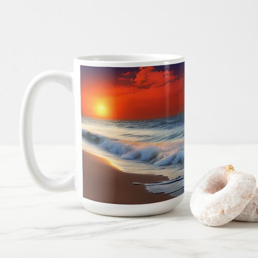 Meereswellen und Sonnenuntergänge auf Sanddusche Kaffeetasse (Mit Donut)
