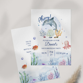 Meereswelt Wasserfarbe Dolphin Geburtstag Einladung