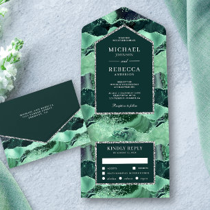 Meergrün und Silber Glitter Achat Murmel Hochzeit All In One Einladung