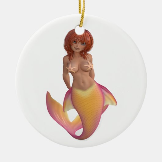 Meerjungfische mit einem gelben und rosa Schwanz Keramik Ornament (Vorne)