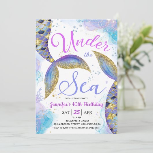 Meerjungfrau 10. Geburtstagskind Einladung (Stehend Vorderseite)