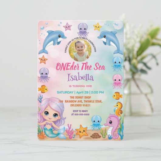 Meerjungfrau 1. Foto Unter dem Meeresgeburtsdatum Einladung (Stehend Vorderseite)