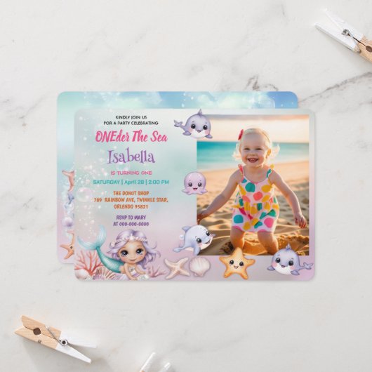 Meerjungfrau 1. Foto Unter dem Meeresgrund Geburts Einladung (Vorderseite/Rückseite Beispiel)