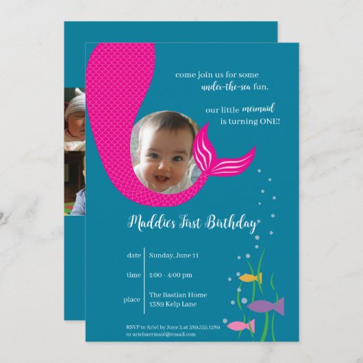 Meerjungfrau 1. Geburtstag Party Einladung (Vorne/Hinten)