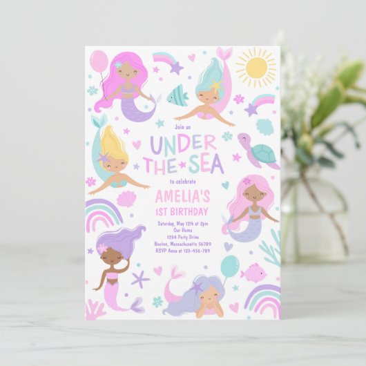 Meerjungfrau 1. Geburtstag Party Einladung (Stehend Vorderseite)