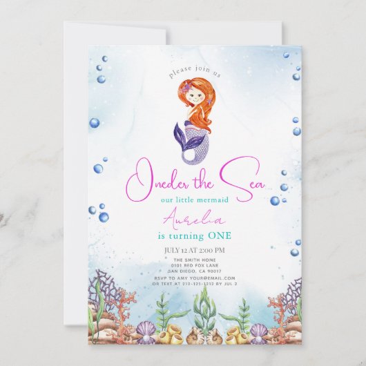Meerjungfrau 1. Geburtstag Party Oneder Einladung (Vorderseite)