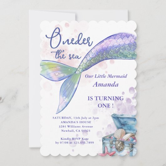 Meerjungfrau 1. Geburtstag Party Oneder Einladung (Vorderseite)