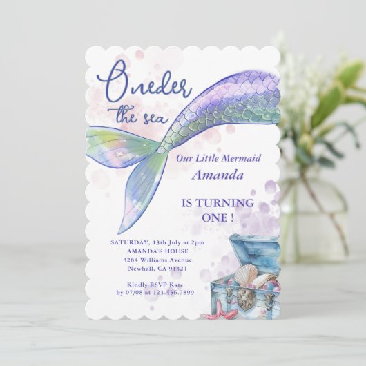 Meerjungfrau 1. Geburtstag Party Oneder Einladung (Stehend Vorderseite)