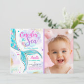 Meerjungfrau 1. Geburtstag Party ONEder Meerjungfr Einladung (Stehend Vorderseite)