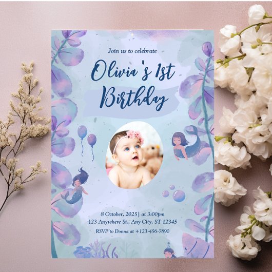 Meerjungfrau 1. Geburtstag Party ONEder Meerjungfr Einladung