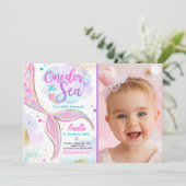 Meerjungfrau 1. Geburtstag Party ONEder Meerjungfr Einladung (Stehend Vorderseite)