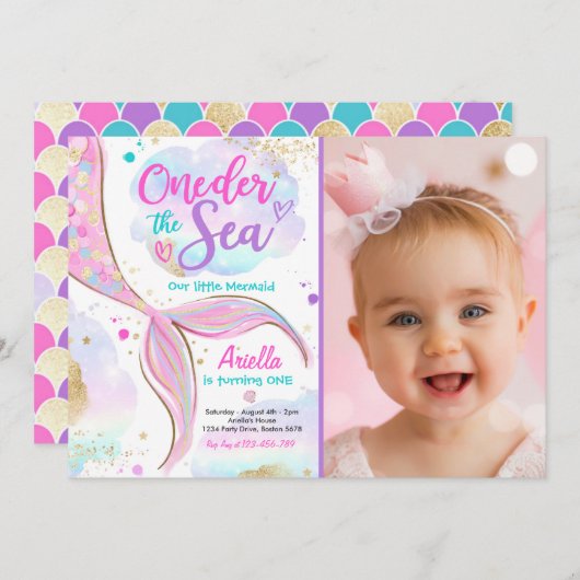 Meerjungfrau 1. Geburtstag Party ONEder Meerjungfr Einladung (Vorne/Hinten)