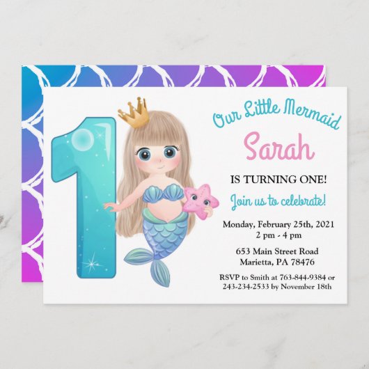 Meerjungfrau 1. Geburtstagsfeier Party Einladung (Vorne/Hinten)