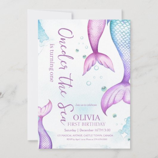 Meerjungfrau 1. Geburtstagsmädchen Oneder Meerjung Einladung (Vorderseite)