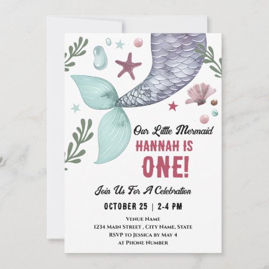 Meerjungfrau 1. Geburtstagssee Einladung (Vorderseite)