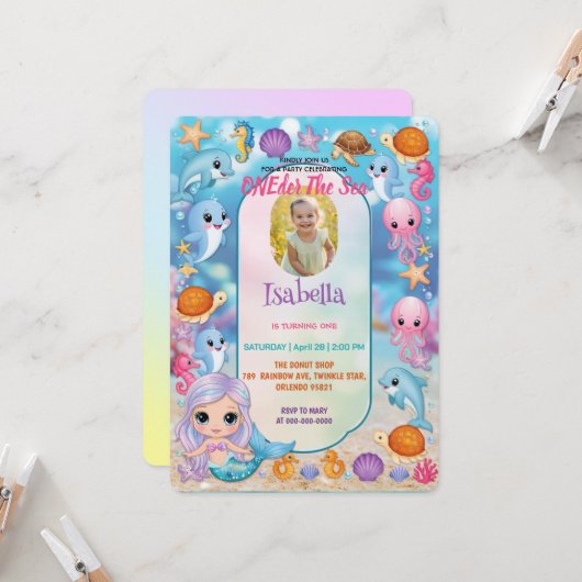 Meerjungfrau 1. Party Foto unter dem Meeresgeburts Einladung (Vorderseite/Rückseite Beispiel)