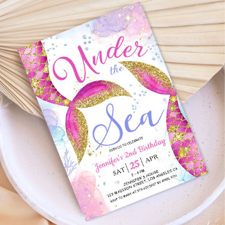 Meerjungfrau 2. Geburtstag Party Rosa Mädchen unte Einladung