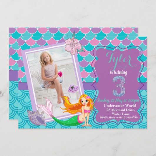 Meerjungfrau 3. Geburtstagsausschreibung Einladung (Vorne/Hinten)