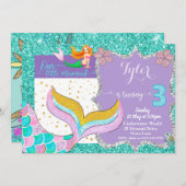 Meerjungfrau 3. Geburtstagsausschreibung Einladung (Vorne/Hinten)