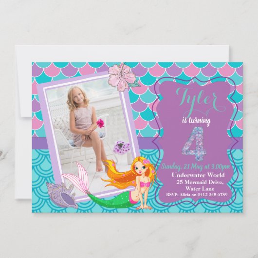 Meerjungfrau 4. Geburtstagsausschreibung Einladung (Vorderseite)