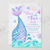 Meerjungfrau 5. Geburtstag Tauchen bis 5 Party Einladung (Vorderseite)