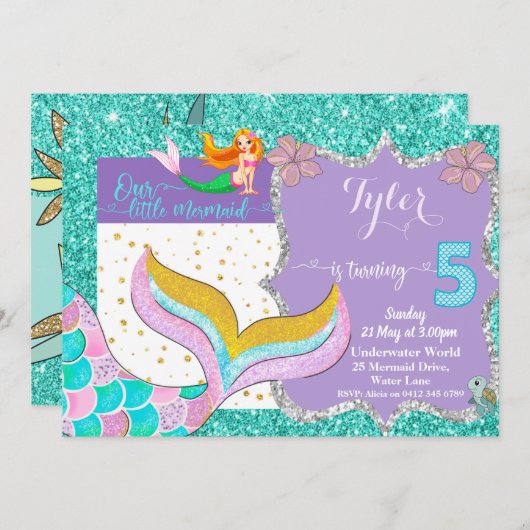 Meerjungfrau 5. Geburtstagsausschreibung Einladung (Vorne/Hinten)
