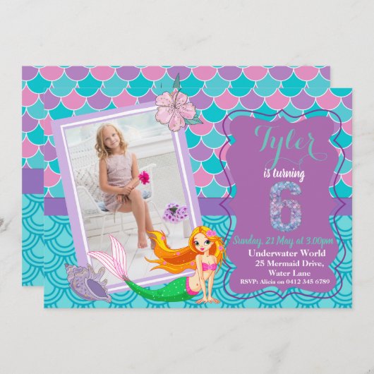 Meerjungfrau 6. Geburtstagsausschreibung Einladung (Vorne/Hinten)