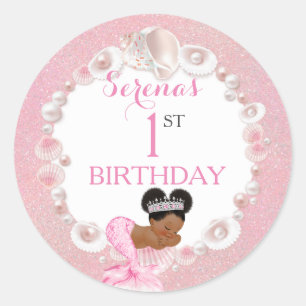 Meerjungfrau Afroamerikanisches Baby Pink Muschel Runder Aufkleber