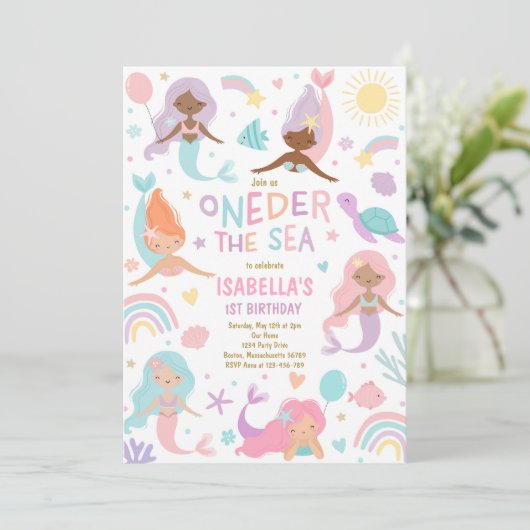 Meerjungfrau am 1. Geburtstag Einladung (Stehend Vorderseite)