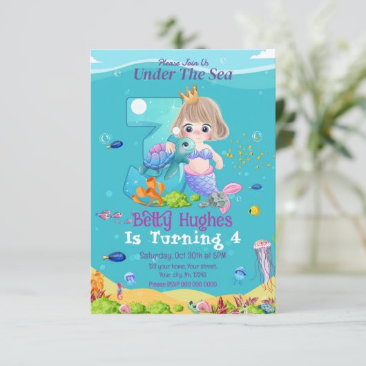 Meerjungfrau am 3. Geburtstag Einladung (Stehend Vorderseite)
