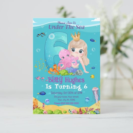 Meerjungfrau am 6. Geburtstag Einladung (Stehend Vorderseite)