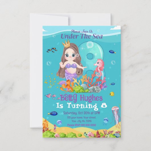Meerjungfrau am 8. Geburtstag Einladung (Vorderseite)