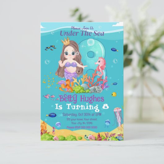 Meerjungfrau am 8. Geburtstag Einladung (Stehend Vorderseite)