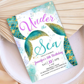 Meerjungfrau am 8. Geburtstag Mädchen Rosa Aquamar Einladung