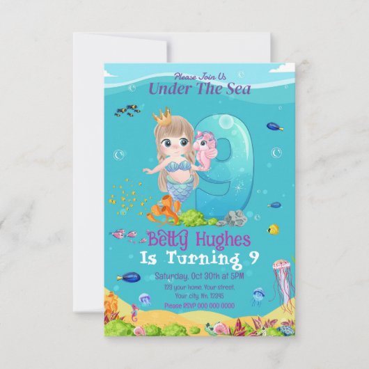 Meerjungfrau am 9. Geburtstag Einladung (Vorderseite)