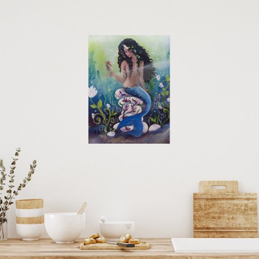 Meerjungfrau am Felsen mit Seepferd Poster (Küche)