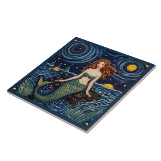 Meerjungfrau am Nachtmeer Märchenblauer Fliese (Seite)