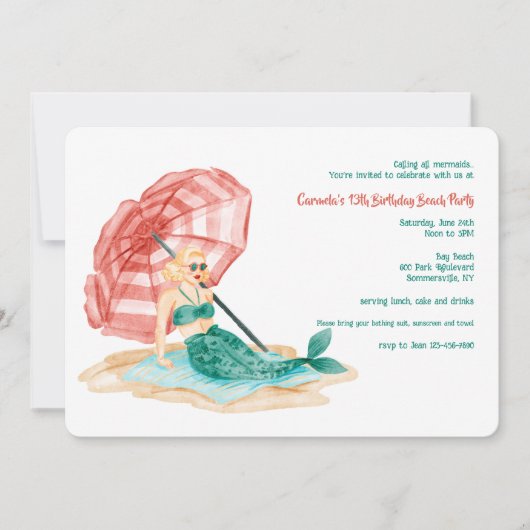 Meerjungfrau am Strand Einladung (Vorderseite)