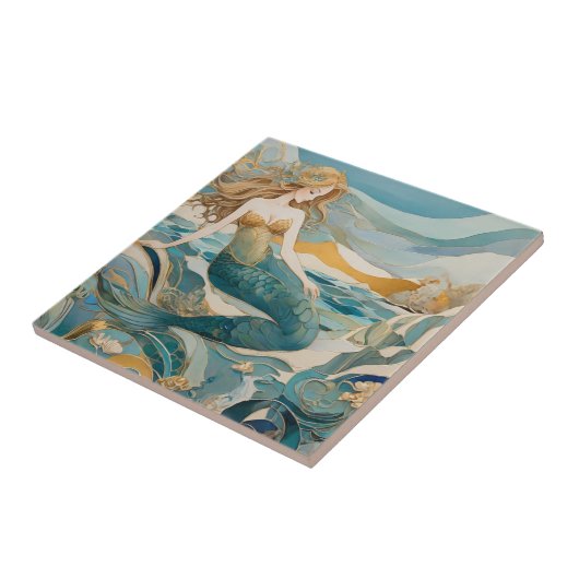 Meerjungfrau am türkisfarbenen Meer Fliese (Seite)