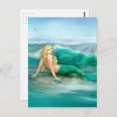 Meerjungfrau an der Küste mit Aqua Waves und Seagu Postkarte (Vorne/Hinten)