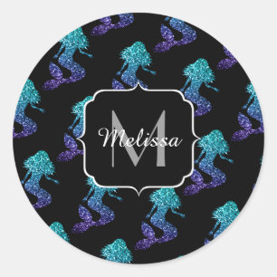 Meerjungfrau aqua blau Ombre Glitzer Muster Monogr Runder Aufkleber