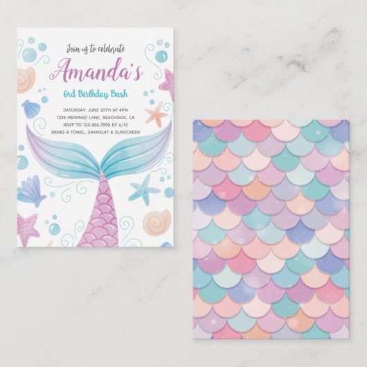 Meerjungfrau Aquarell Geburtstagseinladung Mitteilungskarte (Vorne/Hinten)